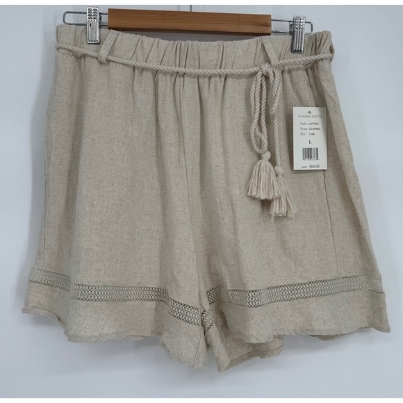 Marissa Olivia Pants - Marissa Olivia Oatmeal Linen Blend Crochet Lace Trim Tassel Shorts Sz L NEW